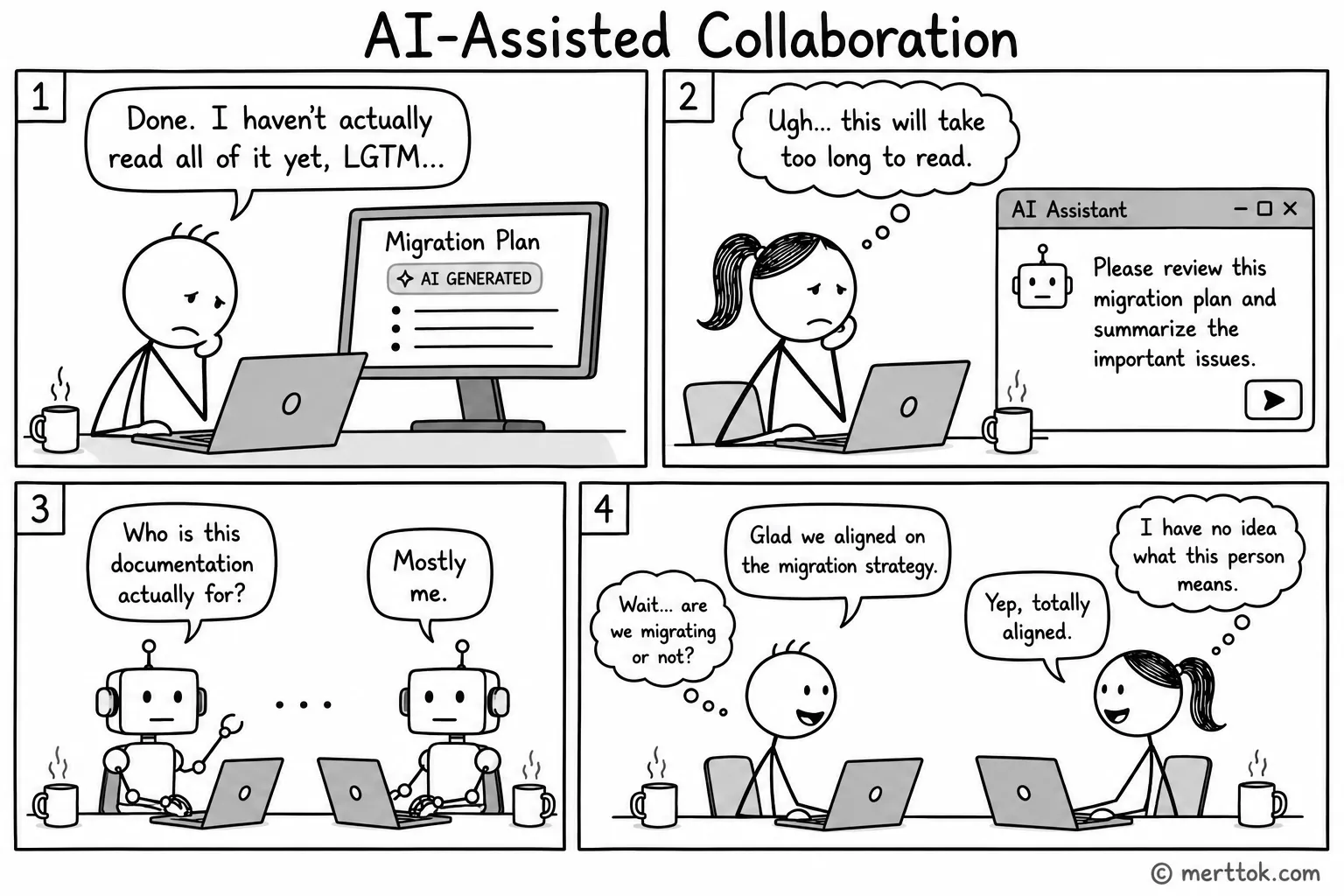 AI-Assisted Collaboration: a four-panel comic where humans skip reading and writing documentation, AIs admit no one reads them, and the meeting ends in a happy false-alignment