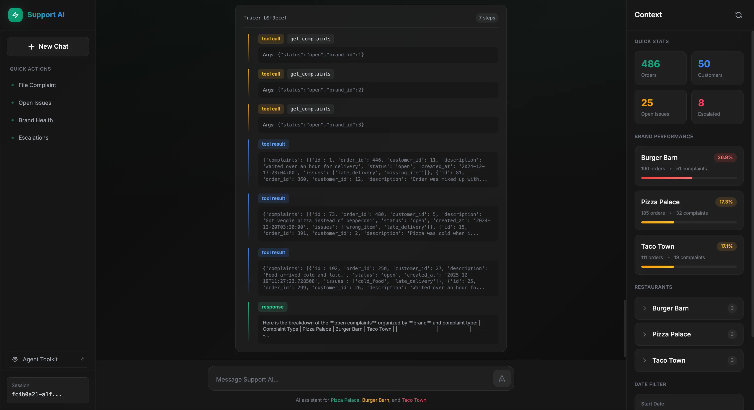 Trace showing three get_complaints calls, one per brand