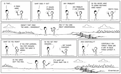 A stick-figure comic about the AI magic wand. Two characters discuss what the wand does, what it costs, and how the real risk isn't the wand itself but what you trade away for it.