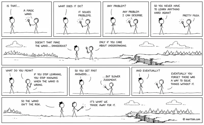 A stick-figure comic about the AI magic wand. Two characters discuss what the wand does, what it costs, and how the real risk isn't the wand itself but what you trade away for it.